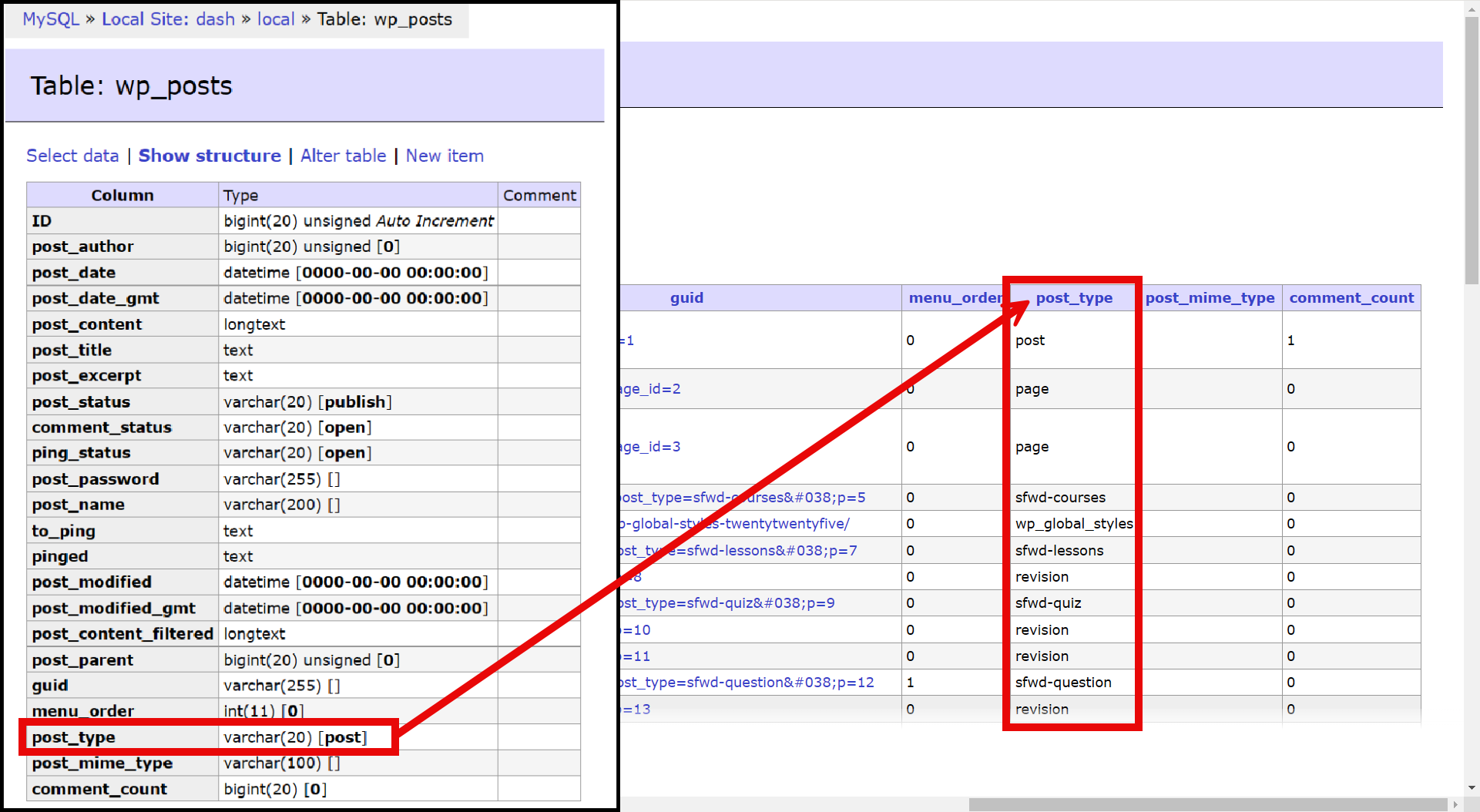 {صورة توضح الـ Post_type في قاعدة البيانات في جدول المقالات?}