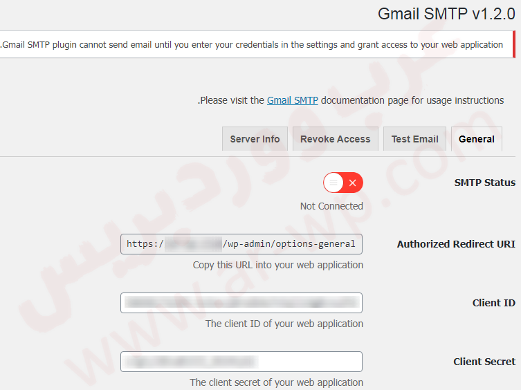 ادخال الـ Client Id وClient Secret في إضافة Gmail SMTP