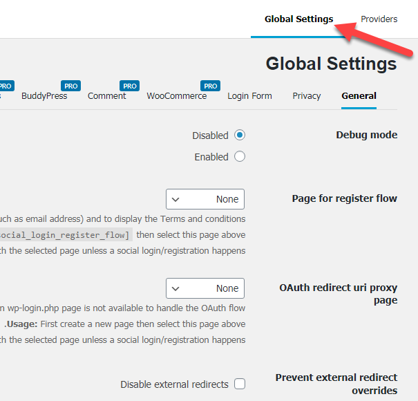 الإعدادات العامة Global Settings لإضافة Nextend social login
