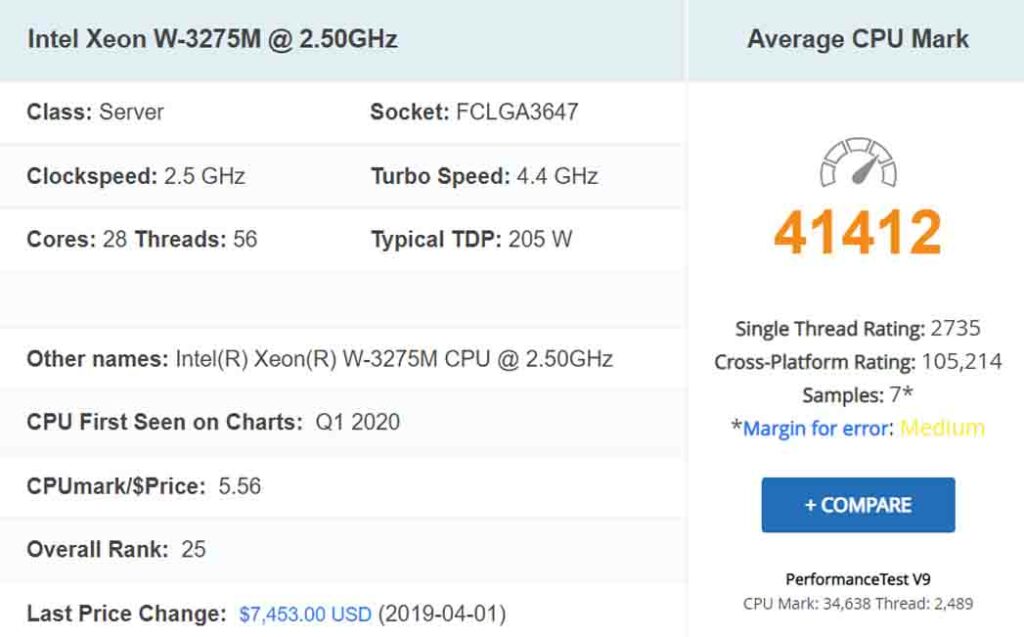 معالج Intel Xeon W-3275M @ 2.50GHz