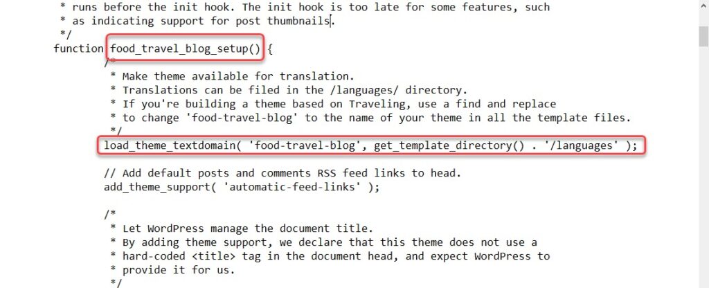 إدخال دالة load_theme_textdomain ضمن ملف وظائف قالب food travel blog أثناء تعريب قابل الووردبريس