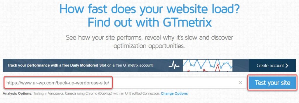 صورة توضح كيفية قياس سرعة الموقع الإلكتروني باستخدام GTMetrix