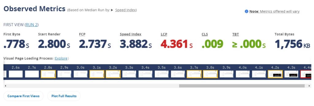 قيم مقاييس السرعة التي لصفحة الويب التي تم تحليل سرعتها بواسطة WebPageTest