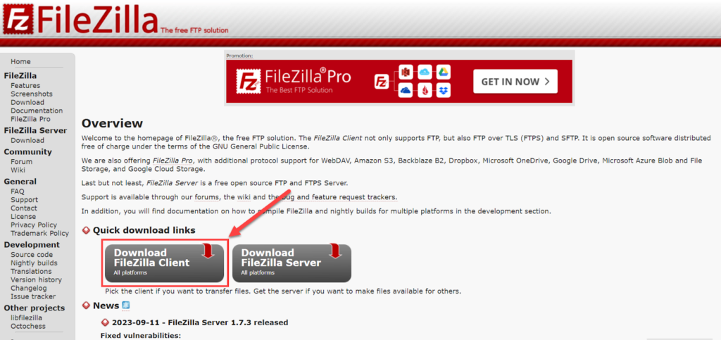 07 - تحميل برنامج FileZilla من الموقع الرسمي