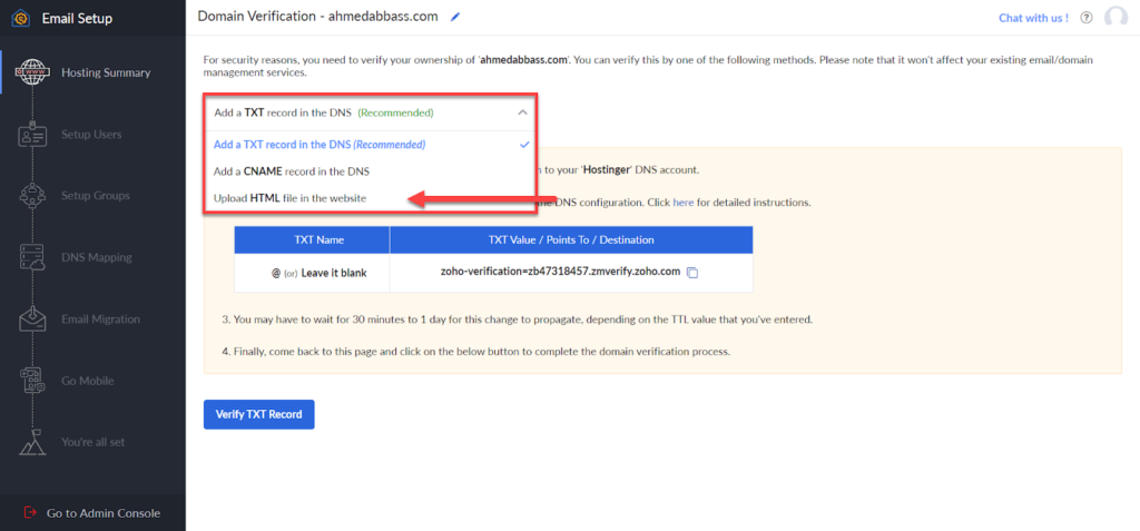 08 - توثيق اسم النطاق على منصة Zoho Mail عن طريق رفع ملف HTML على الموقع