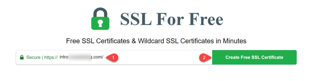 إدخال اسم الدومين والنقر على زر الحصول على شهادة SSL