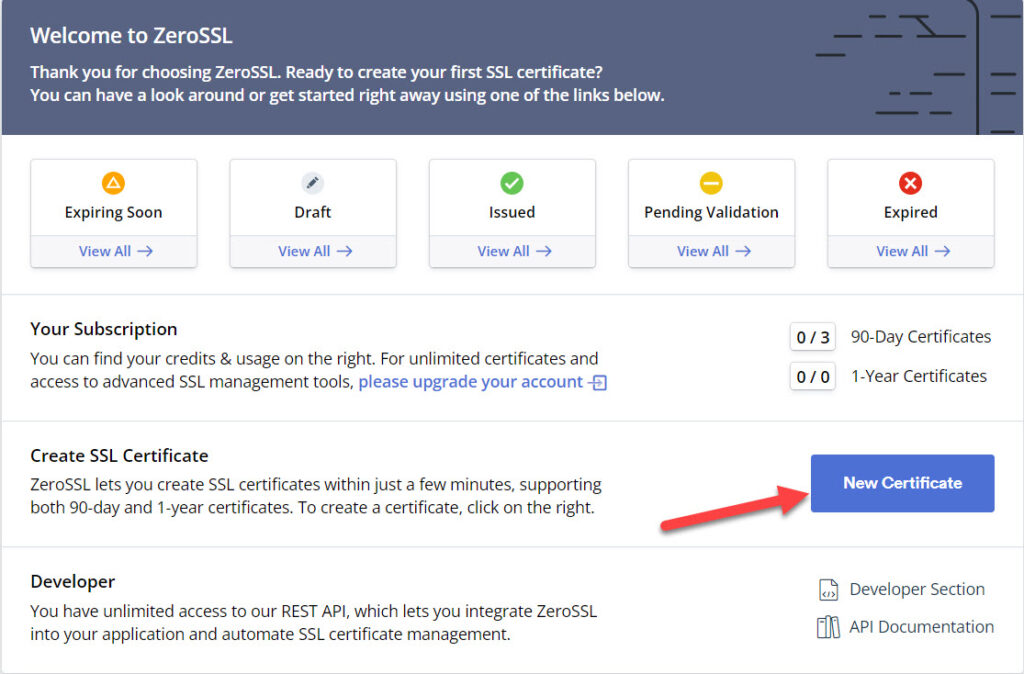 النقر على زر New Certificate لبدء عملية إعداد شهادة SSL