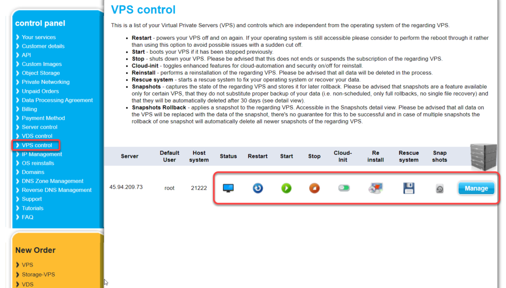 التحكم باستضافة VPS السحابية في لوحة تحكم Contabo