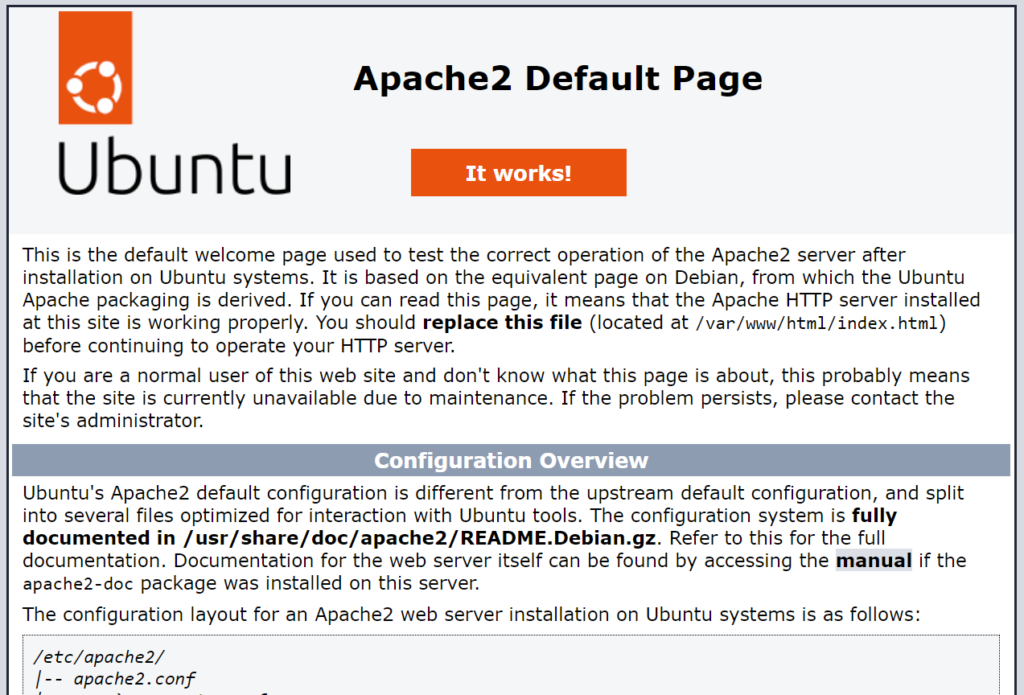 صفحة تفيد بأن خادم Apache يعمل بشكل صحيح