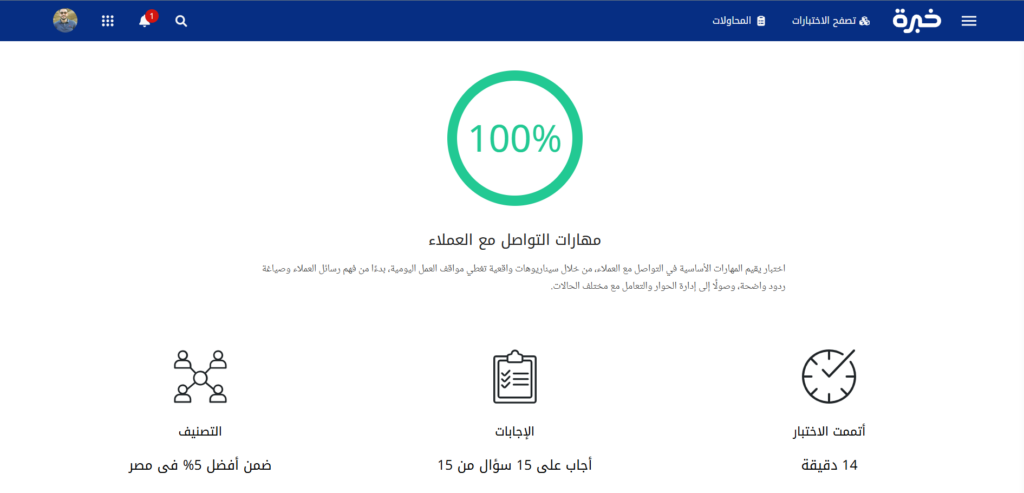 نتيجة الاختبار على منصة خبرة